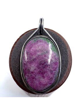 VTG Sterling Silver 925 Reversible Ruby Zoisite Bezel Set Pendant Size 2" Length
